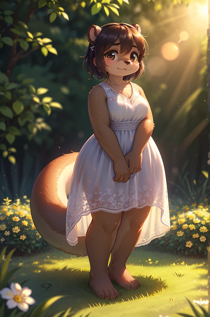 Bokeh , 1 hairy mature otter girl , Short stature , curvy , hige , realistic hairy fur , Round face, swollen cheeks, moist round eyes , hair ties , (relax see-through summer dress:0.9) , in the grass garden , sunlight , (flare:1.2) , (body line is visible:1.2), (Accurate light transmission calculations:1.5) , model action