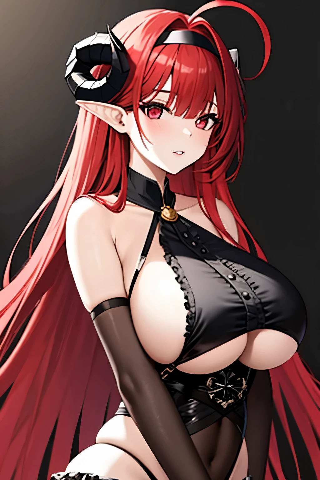 1girl, pointy ears, horns, solo, red hair, long hair, red eyes, bare shoulders, looking at viewer, huge breasts, gloves, elbow gloves, ahoge, hairband, black gloves, underboob, upper body, demon girl, hair intakes, very long hair, frills, slit pupils, parted lips,(shiny skin),(mature female:1.2),hindenburg \(azur lane\),