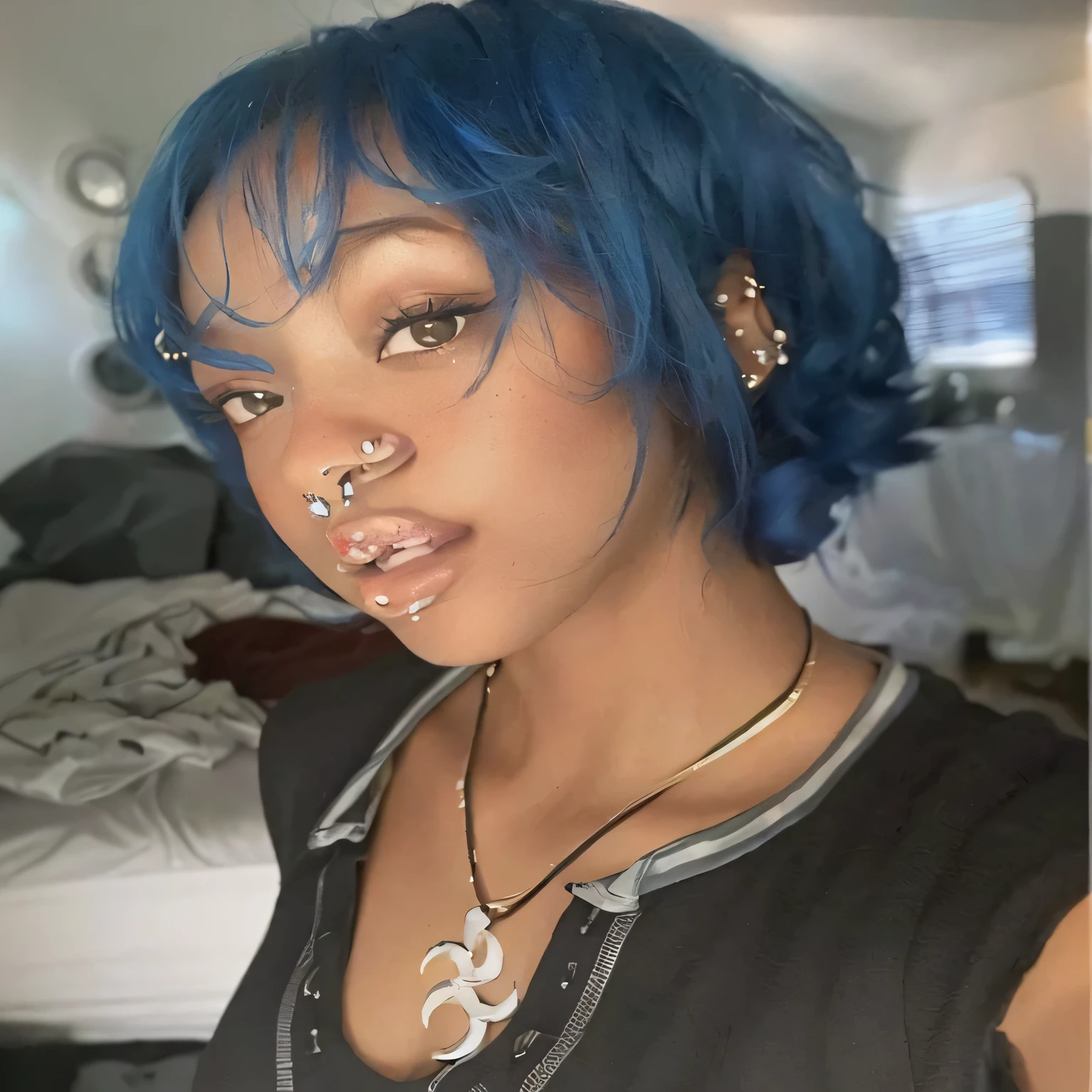 a close up of a woman with pelo azul and piercings, with pelo azul, short pelo azul, piel azul oscuro, pelo corto azul, con piel azul, short pelo azul!!!, short pelo azuled woman, pretty girl with pelo azul, ojos azules penetrantes, flowing pelo azul, messy pelo azul, pelo azul, pelo azulstyle, tiflin azul, dark pelo azul