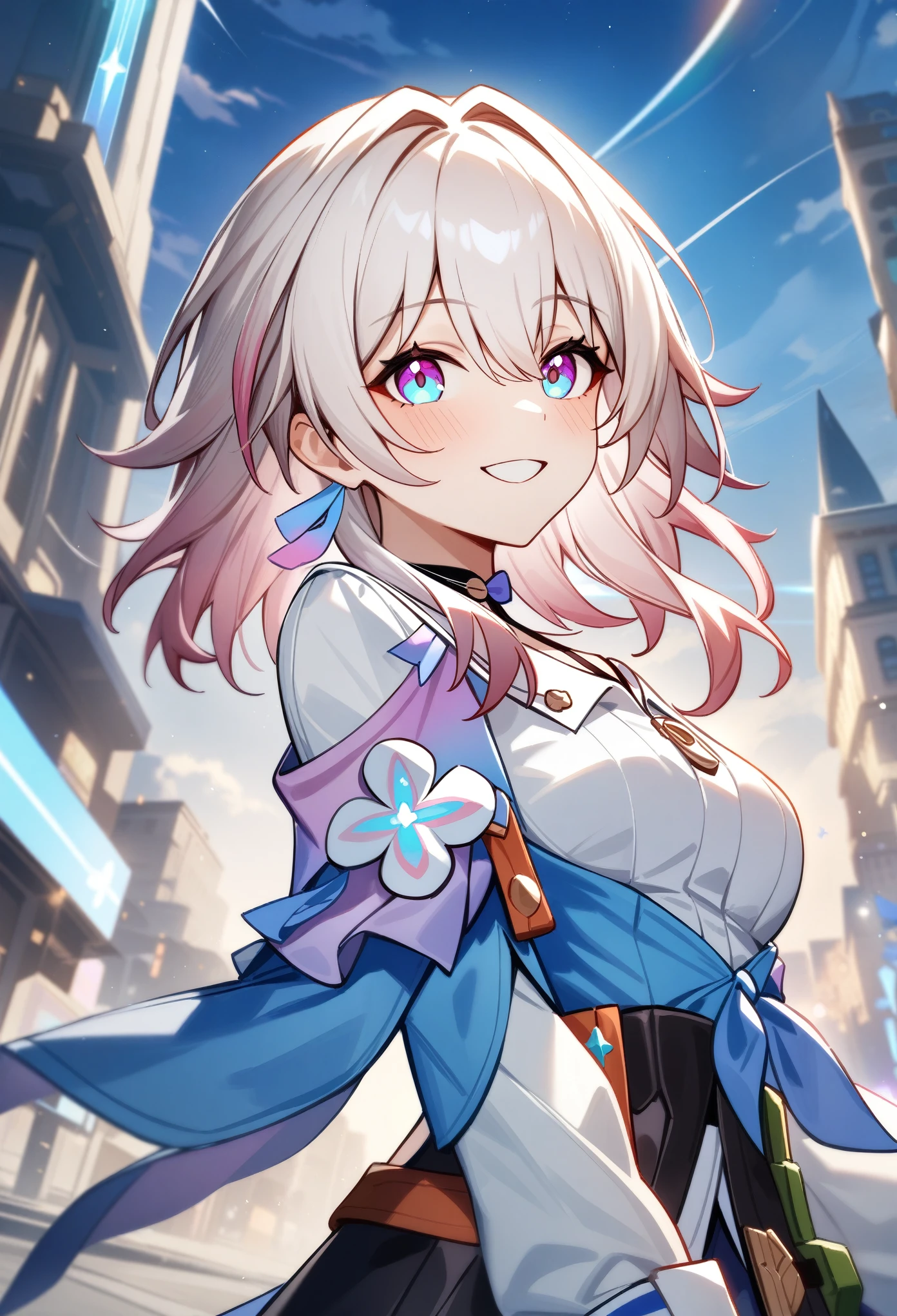 masterpiece, best quality, very aesthetic, absurdres, 1girl, march 7th\(honkai:star rail), honkai: star rail, looking at viewer, upper body, smile, city, cinematic angle