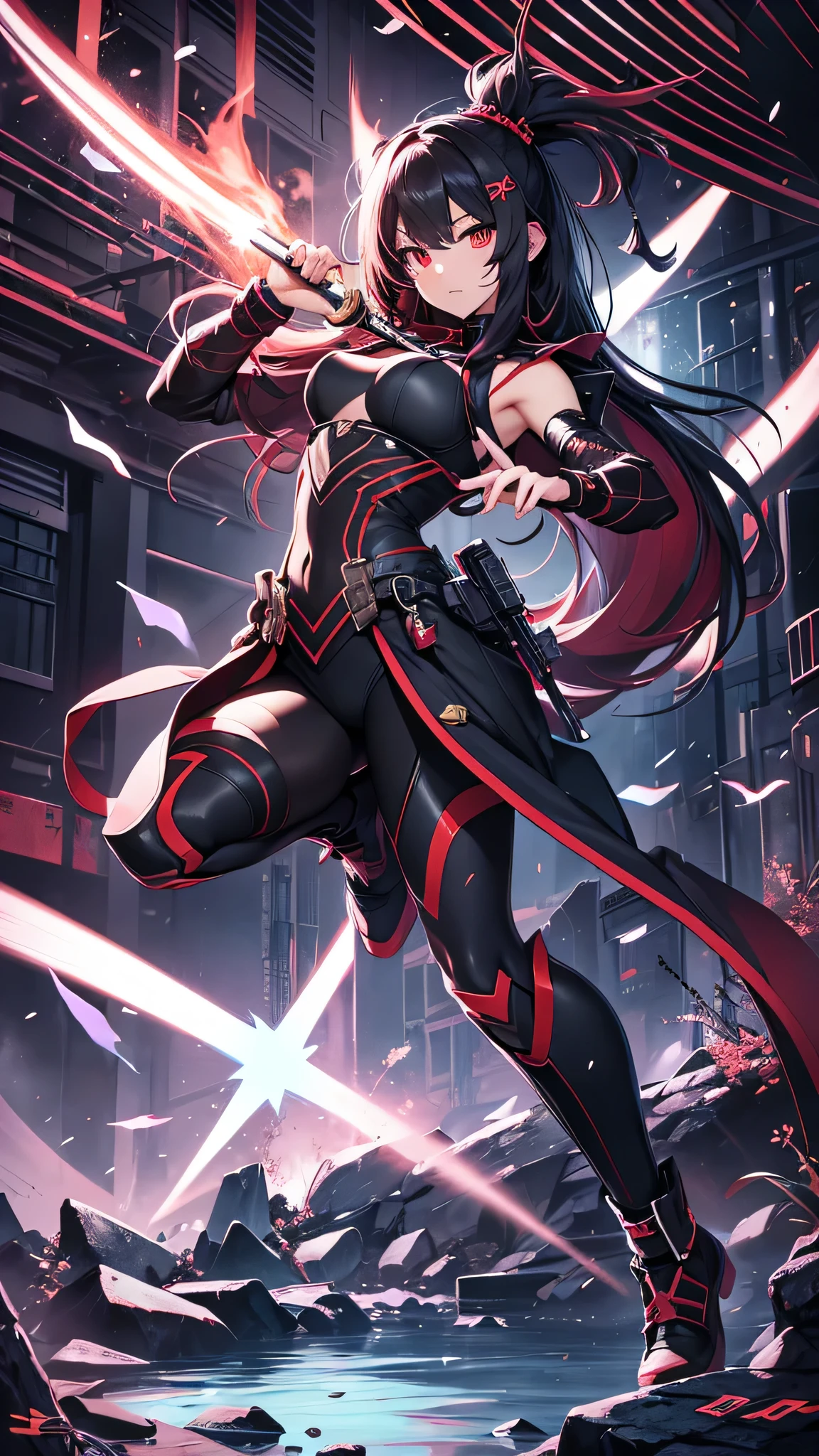 最high quality、Best image quality、masterpiece、girl((Age 25、 By becoming、Best Bust、Medium Bust,Wide open breast tea、Red glowing eyes,Black hear、Red Mesh、Disheveled Hair、Lointail、thin,The highest valley、Open chest、Luminous Wristbands、hair ornaments、Show the whole body,Black Ninja suite、revolver、scar、Full body scar、Fighting Pose)),high quality、Beautiful art、background((Photography room))、Flight、Flying debris、Written boundary depth、movie、Visual Arts、Perfect art、8K,Genuine,