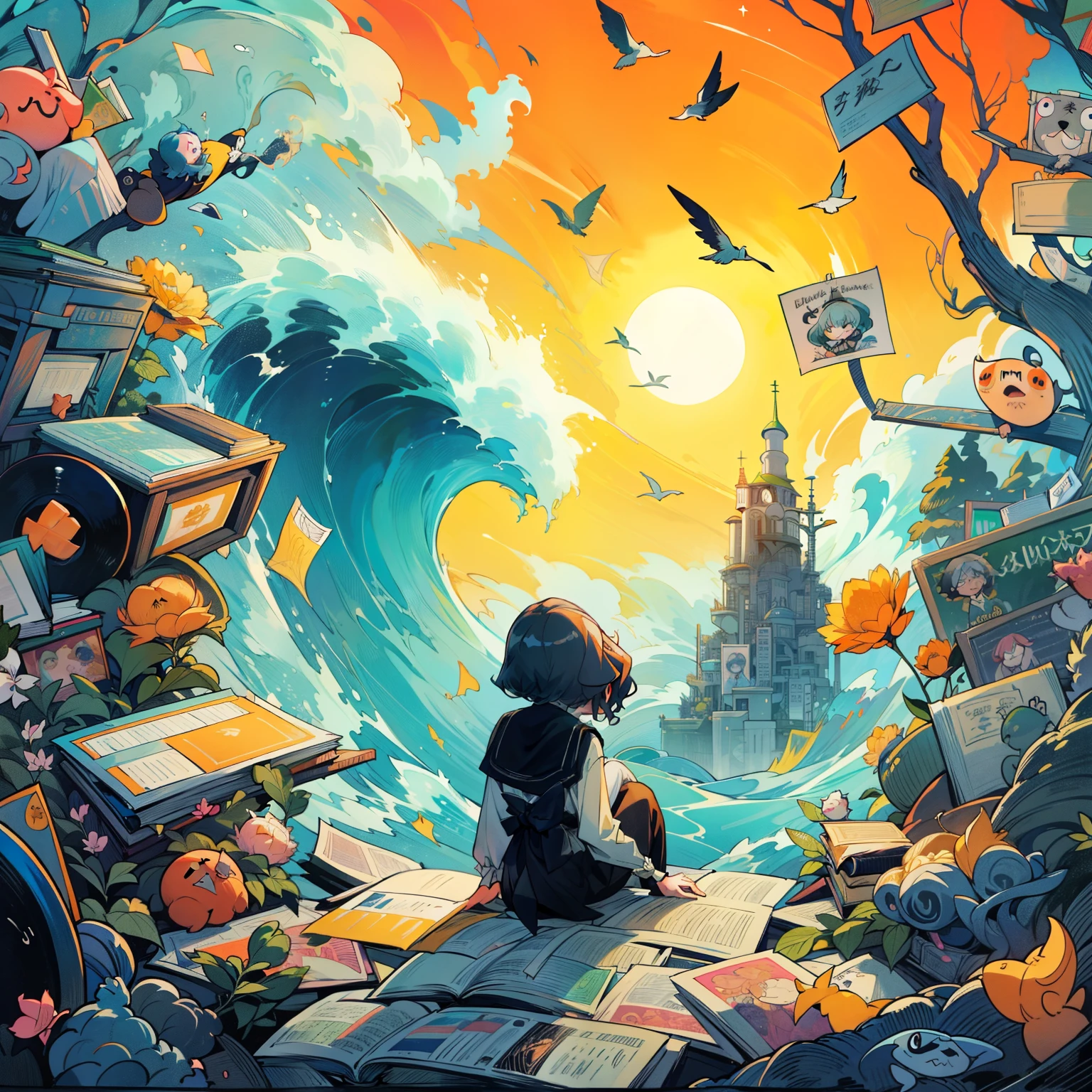 Close-up of a person sitting on a book near a big wave, inspired Cyril Rolland, Cyril RollandとM. W Karuta, Cyril RollandとM.W Karuta, Cyril Rolland風, Cyril Rollandと藤田五郎, Cyril Rolland, Dan Mumford&#39;s Artwork Style