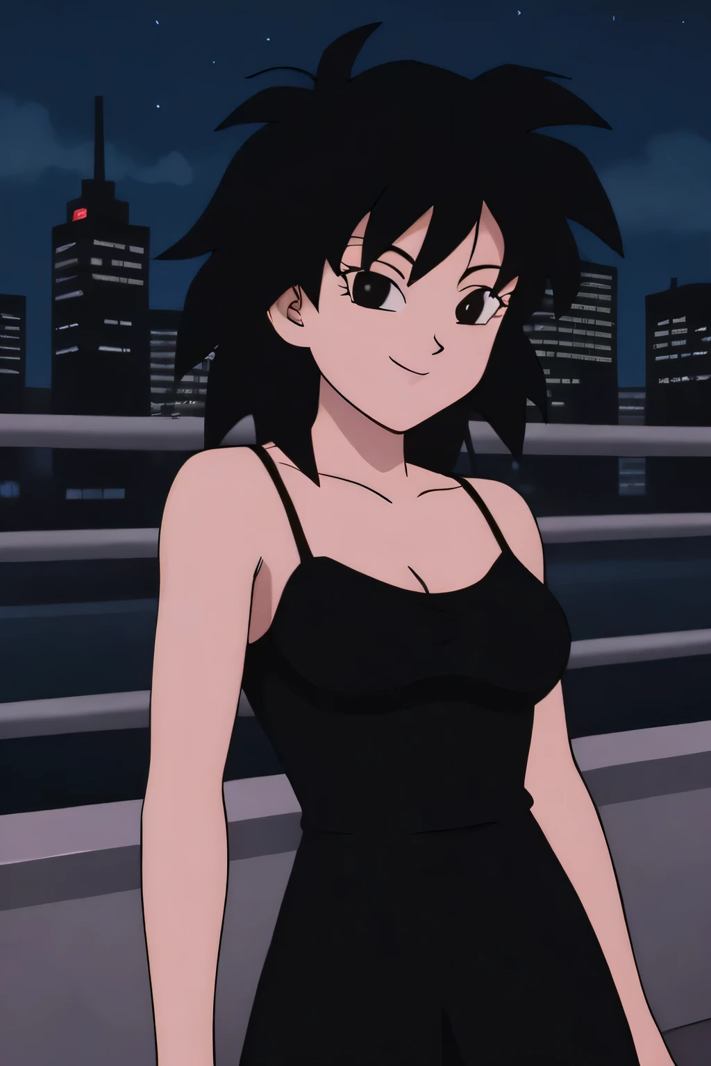 source_anime, score_9,score_8_up, score_7_up, ginedb, anime screencap, 1girl, solo, looking at viewer, smile, medium breasts, black hair, city, bare shoulders, medium breasts, smile, standing, cowboy shot, medium hair, black eyes, spiked hair, eyelashes, masterpiece, best quality, very aesthetic, absurdres, taut dress, spaghetti strap, black dress, sleeveless, night, street, standing near a wall, cowboy shot,
