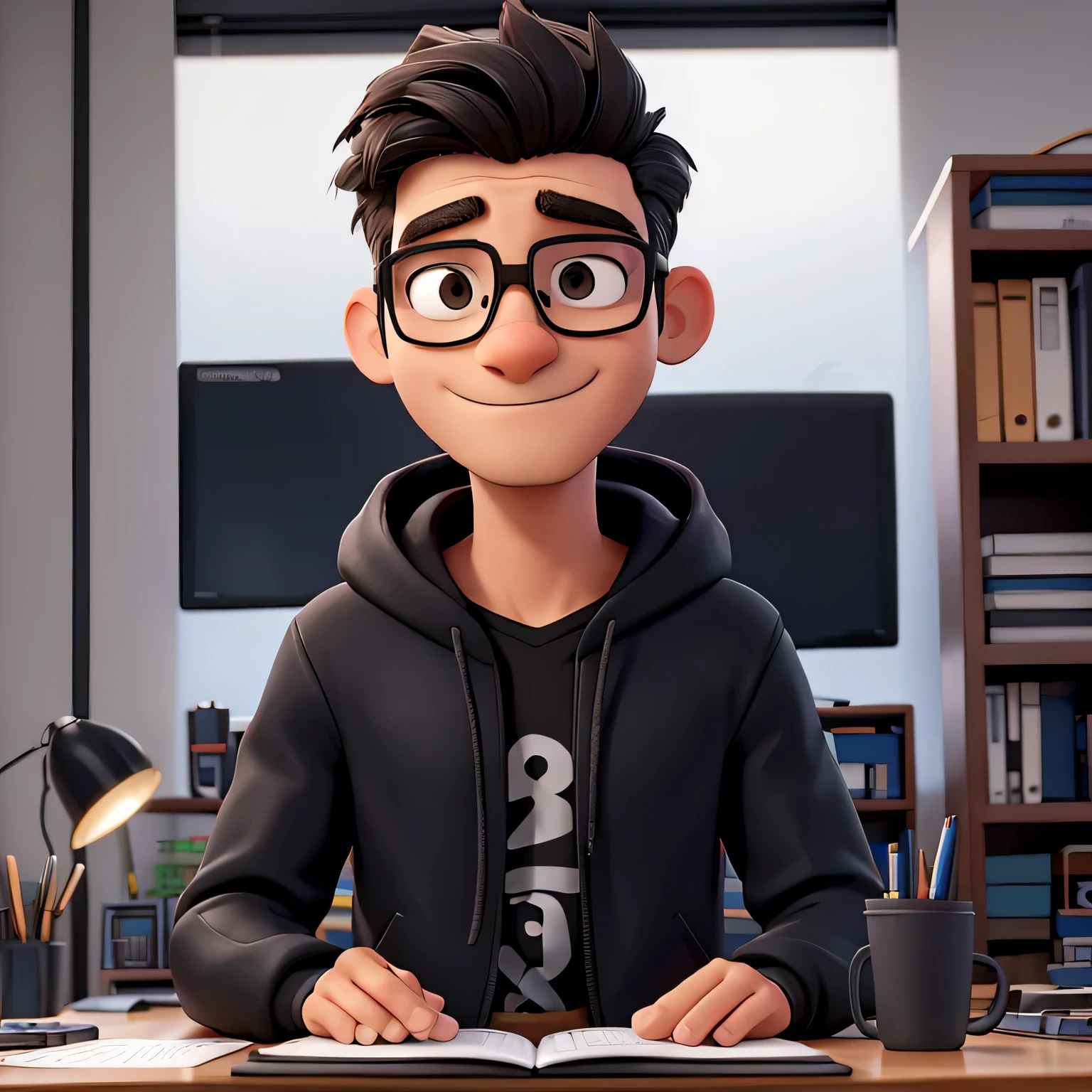 Um homem, wearing glasses and a black hooded jacket in an office room, tem cabelo com crista 