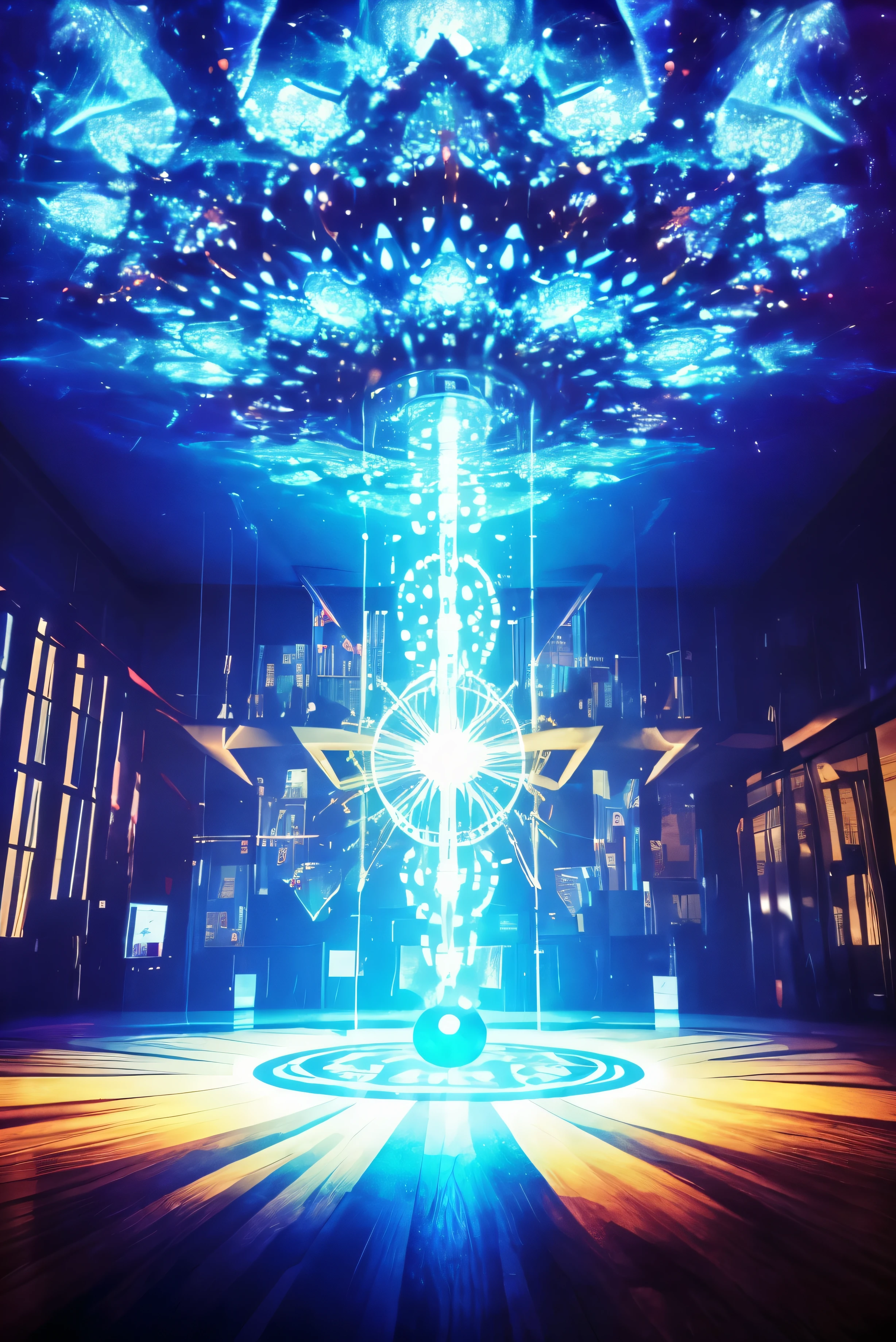 mejor calidad, incredibly absurd, extremadamente detallado, huge magic kaleidoscope circles on the floor and ceiling, Bursts of electromagnetic waves glowing bluish white between each other., (deletrear letras que parecen hologramas), cifras, y siluetas apareciendo y desapareciendo, bright neon light background