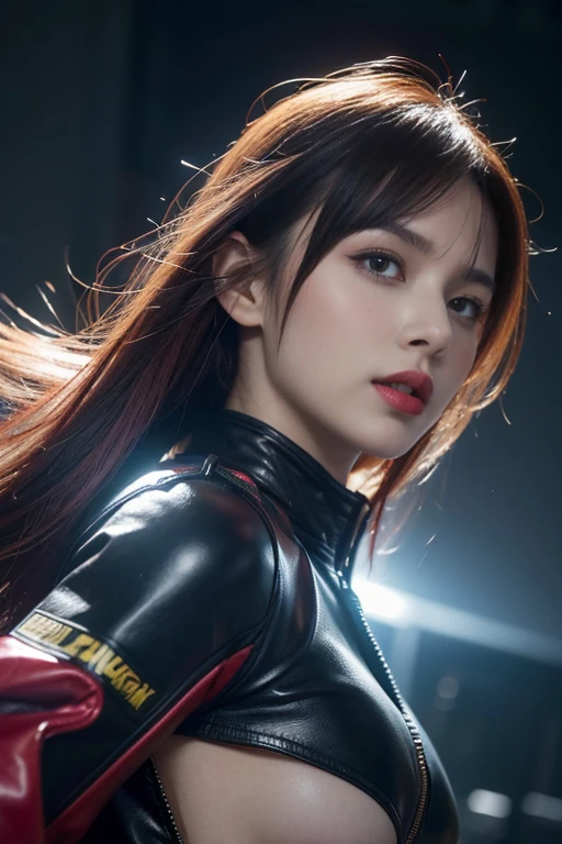 masterpiece,best quality,high resolution,8K,(Portraits:1.5),(R Original Photo),real picture,Digital Photography,(A fusion of cyberpunk and fantasy),(Female Soldiers),20 year old girl,Feel free to hairstyle,By Bangs,(Pink Eye, Accessories,Red lips,(He frowned,sneer),(Combination of cyberpunk and fantasy style clothing,hollow-carved design,Combined Armor,,Racing Girl Jacket),Show your belly button,Photo poses,Realistic style,Thunder and lightning on rainy days,(Thunder magic),oc render reflection texture,Chop Thanos' neck with a battle axe