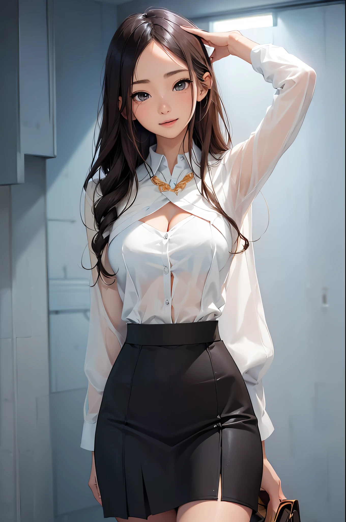 ((Biologically correct limb count))、(( Illustrations including faces))、4K、Masterpiece、((Focus on the face))、((Symmetrical, well-proportioned facial features))、Eyes with delicate depictions、Beautiful woman、Outstanding style、Slender Body、(Black shirt、High heels、((skirt)))、On the carpet、(Looking up、Shy、smile)、((saint))、high school girl、Absolute area、((Upper body close-up))、