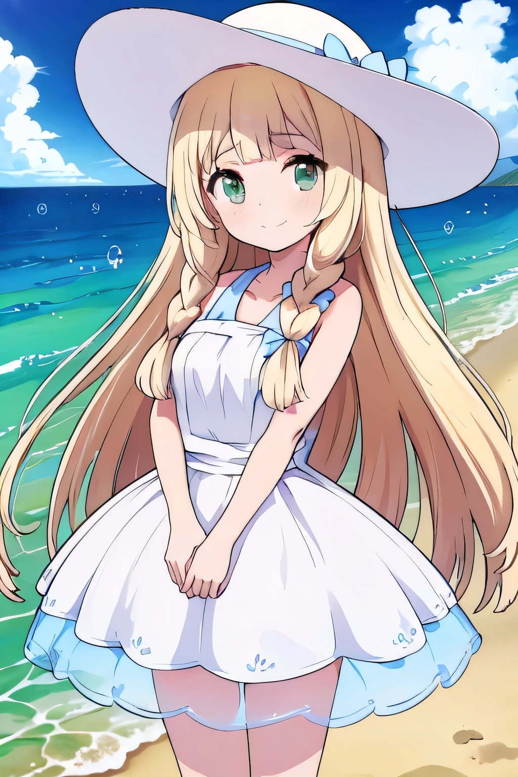 A girl with long hair with yellow heart-shaped bows forward with a fairly large white hat on her head with her hands clasped forward with both looking towards the viewer with a smile y detrás de ella de fondo una playa de día