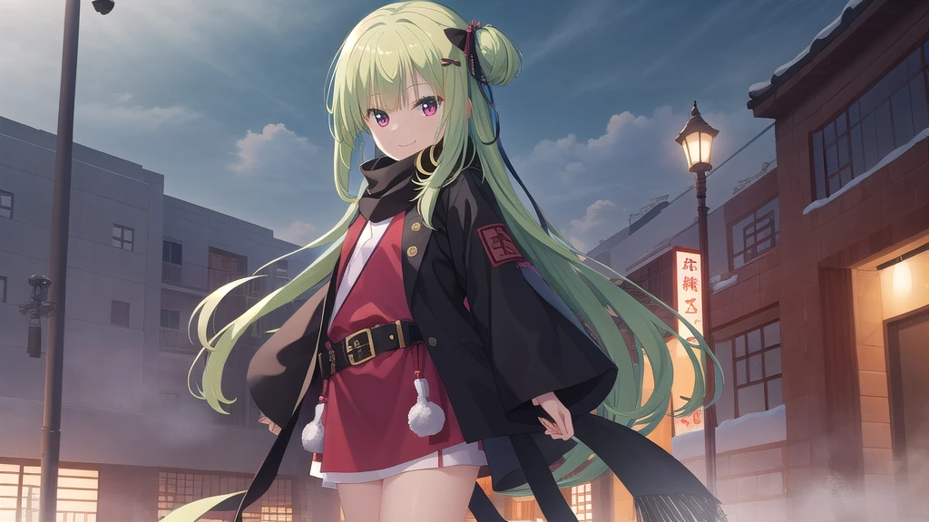 ((masterpiece)),(best quality),Official Art,Extremely detailed CG,Unity 8k Wallpaper,Super detailed,Beautiful and delicate eyes,Extremely detailed face,1 girl,solitary,,(whole body:1.5),(small:1.3),Smile,,Murasame,Very long hair,Green Hair,sides up,Purple bow,hairpin,Side Chain,Bangs,Red Eyes,Neck strap,Red belt,Aesthetic,Black coat,long black scarf,Looking at the remaining snow in Zhongnan,Zhongnan Yinling Show,Snow floats in the clouds。Lin shows the color of the sky,The city is cold。