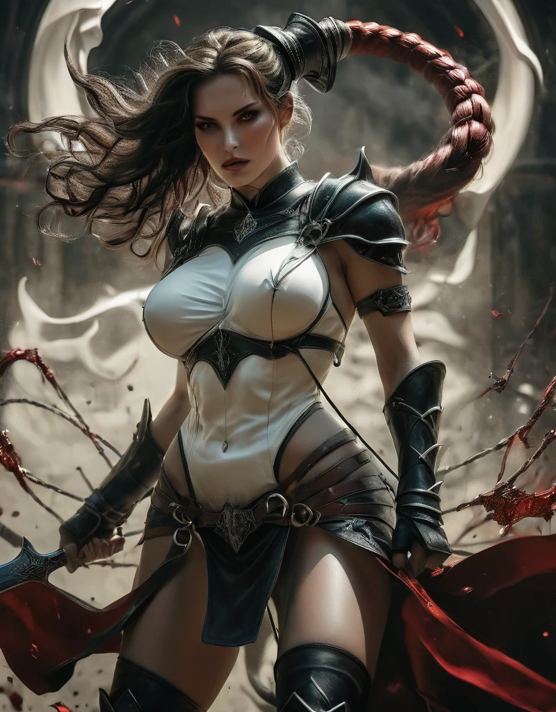 (((skulls on the ground))), (((Make a blood sacrifice))), (carnage:1.5),(black and white demoness:1.5),(beautiful female model:1.5), (((Large breast:2.0o))), (demoness with Large horns:1.25),(1 super muscular with flayed skin:1.5),  (perfect anatomy:1.5), high detail, best quality, masterpiece, finely detail, realistic skin texture, insanely detailed, intricate, glowing white eyes, dark hair, glowing white background, holding whip, hair bun, beautiful female face, white skin. black and white demoness:1.5, Hyperrealism, breathtaking, ultra realistic, ultra detailed,85 mm art lens, f 1.2, sharp focus, 8 k high definition, wide-angle, ultra details, ultra detailed photo of a black and white demoness, Hyperrealism, breathtaking, ultra realistic, ultra detailed, cinematic lighting,  photography, stunning environment, wide-angle, , medieval, Dark room, low key light, Masterpiece, Realistic, 
