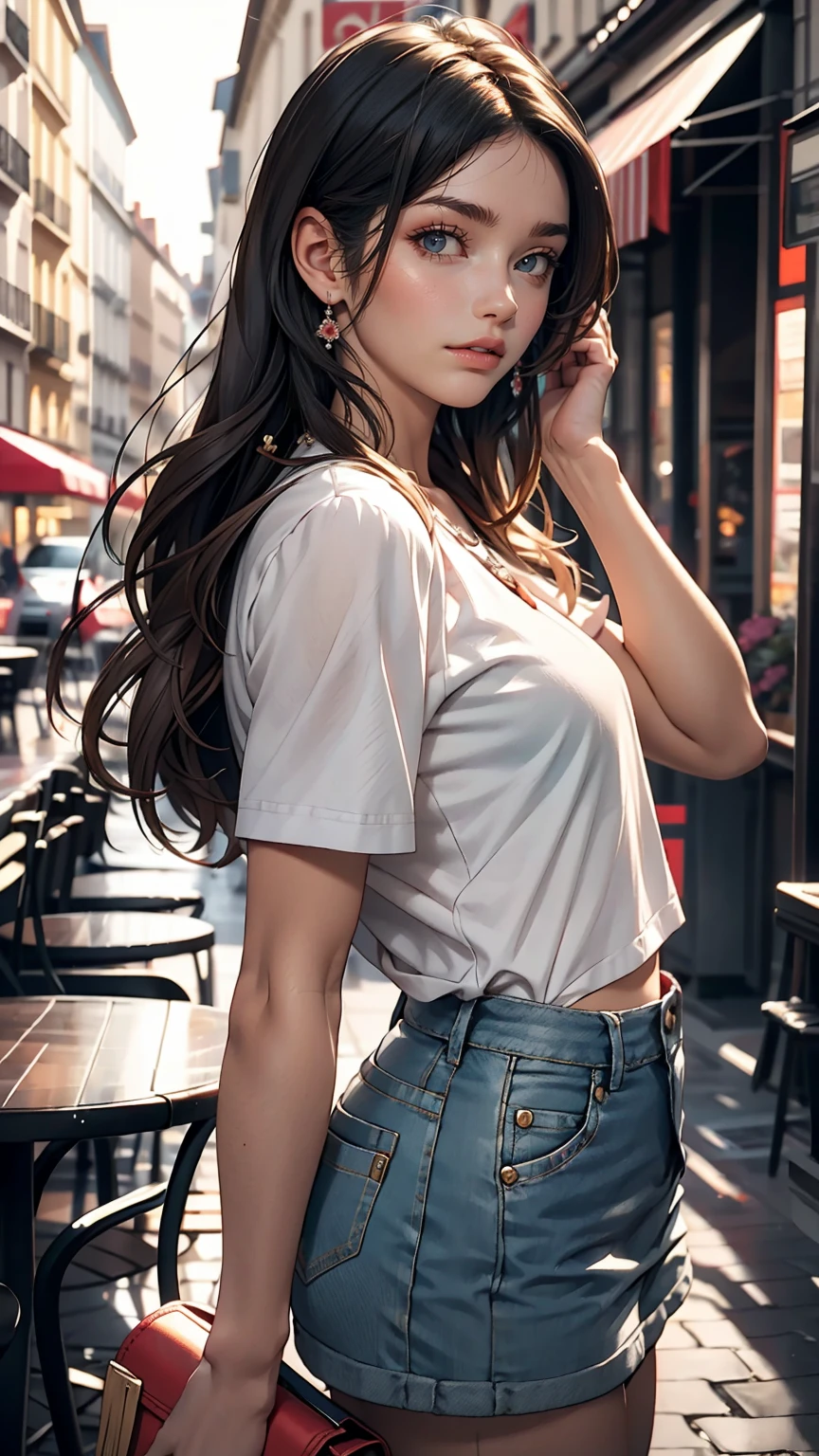1 girl,(Black Hair Semi-Long)(Beautiful Hair), actress, smile, Shiny skin, highest quality, masterpiece, (Realistic:1.4), Terrace seats, Europe, France, Paris, Denim mini skirt (Realistic Fabric), White short sleeve (Cotton), (No logo), Thin fingers