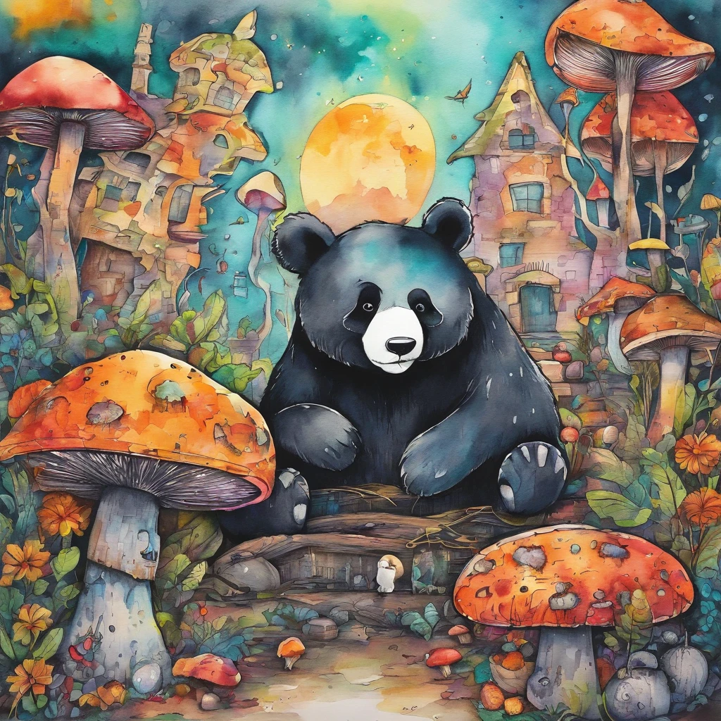 Watercolor, witch, Bear, しろBear,Panda,Plot a prank, In the dark forest, Strange mushrooms,