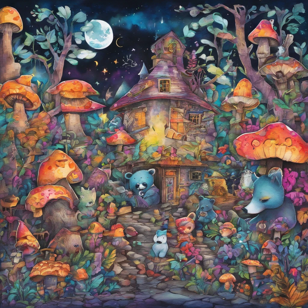 Watercolor, witch, Bear, しろBear,Panda,Plot a prank, In the dark forest, Strange mushrooms,