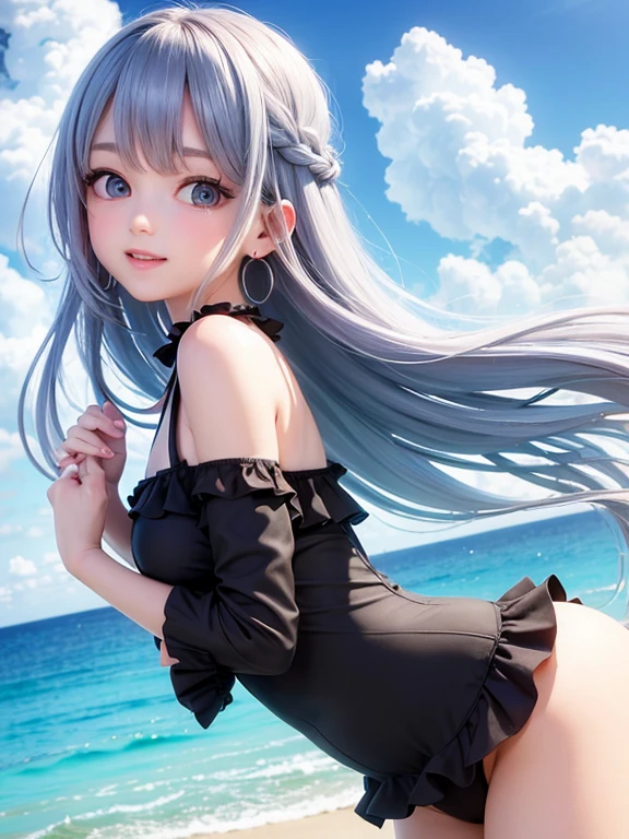 Small breasts、(high quality, masterpiece), One Girl, 、stop temporarily, particle, Wind, flower, Upper Body, Simple Background, View your audience, , milky way,smile、Turquoise Eyes、(Long silver and light blue hair)、Red eyeshadow、薄いpinkの口紅、flower柄、pink、、(Black、sexy、ta swimsuit)、Braid、Cute earrings、Wind、blue sky、Dynamic pose、Looking up at the sky、Thick thighs、Big Ass、smile、It should be but it's happening
