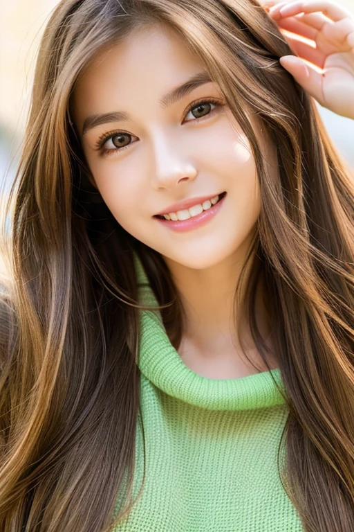 a woman with long, straight light brown hair . His eyes are green His face radiates a friendly and welcoming expression His skin is a warm tone