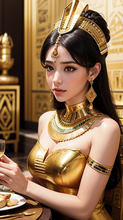 Create an image of a woman in ancient Egyptian attire at a luxurious banquet hosted by the Pharaoh in the royal palace. The scene should be opulent and filled with intricate details.
