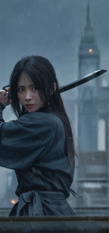 A woman in black holding a sword in the rain, She was holding a Tang knife,  Real-life stills,Fighting Thanos