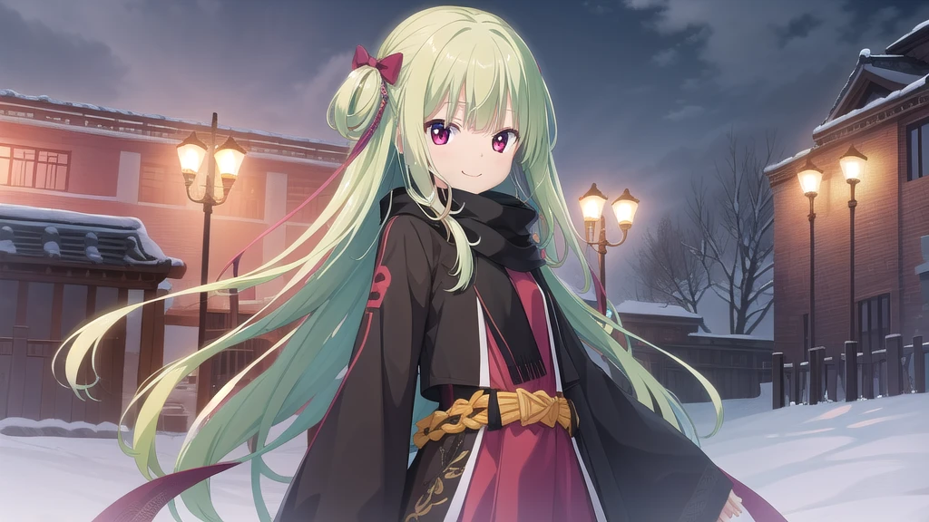 ((masterpiece)),(best quality),Official Art,Extremely detailed CG,Unity 8k Wallpaper,Super detailed,Beautiful and delicate eyes,Extremely detailed face,1 girl,solitary,,(whole body:1.5),(small:1.3),Smile,,Murasame,Very long hair,Green Hair,sides up,Purple bow,hairpin,Side Chain,Bangs,Red Eyes,Neck strap,Red belt,Aesthetic，Black coat，long black scarf，Looking at the remaining snow in Zhongnan，Zhongnan Yinling Show，Snow floats in the clouds。Lin shows the color of the sky，The city is cold。