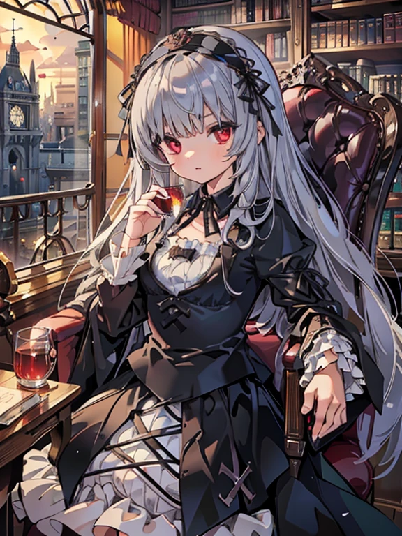 masterpiece, highest quality, Very detailed, 16k, Ultra-high resolution, Cowboy Shot, One 14-year-old girl, Detailed face, Perfect Fingers, sui1,Mercury lamp, Red eyes, Long Hair, Gothic Dress, Gray Hair, Floral Hair Ornament, Long sleeve, Gothic Headband, ribbon, Black Dress, Black wings, Western-style building, libraryai, Luxurious chair, drink tea