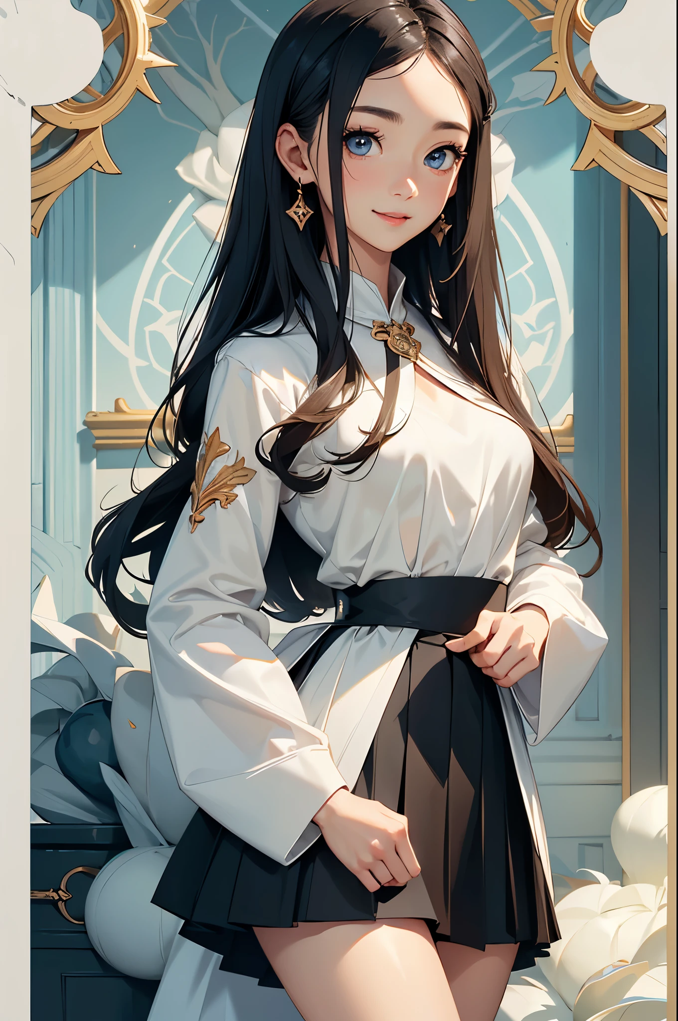 ((Biologically correct limb count))、(( Illustrations including faces))、4K、Masterpiece、((Focus on the face))、((Symmetrical, well-proportioned facial features))、Eyes with delicate depictions、Beautiful woman、Outstanding style、Slender Body、(Black shirt、High heels、((skirt)))、On the carpet、(Looking up、Shy、smile)、((saint))、high school girl、Absolute area、((Upper body close-up))、