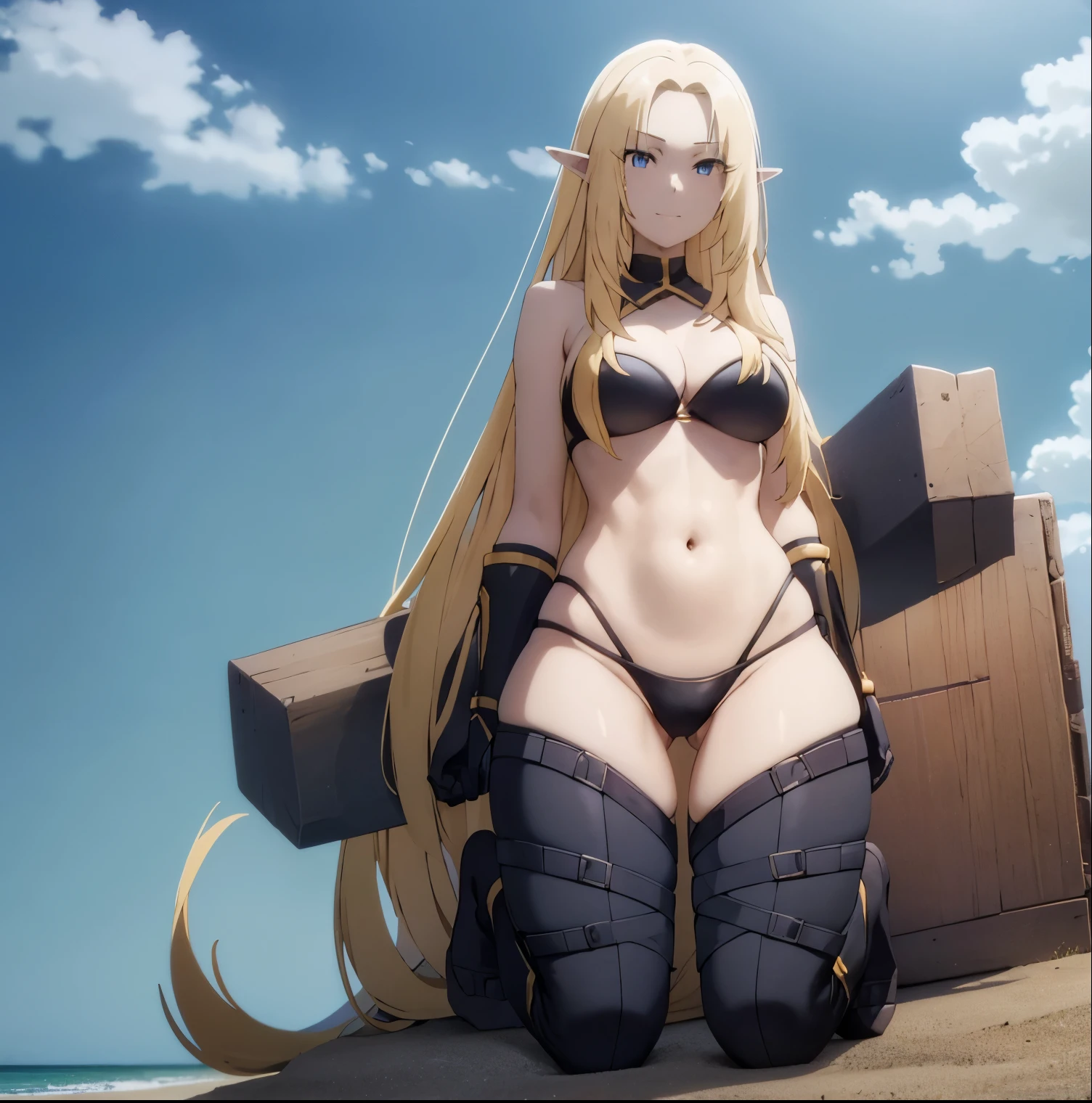 1 girl, alone, alpha, blonde_hair, blue_eyes, black bikini, black bra, black thong, sitting in the sand, open legs, big breasts, medium waist, wide hips, medium thighs, round butt, cleavage, closed_mouth, elf, long_hair, long_pointed_ears, front, looking at viewer, pov(from below), pointed_ears, plya, sea, sunny, smile, full body, very_long_hair, perfect hands, perfect anatomy