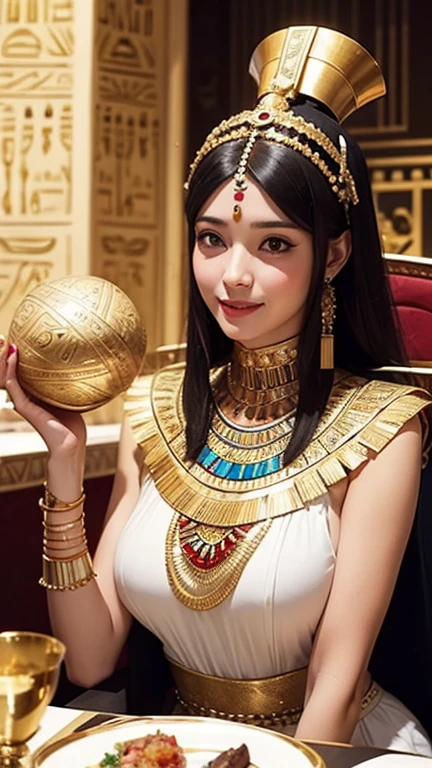 Generate a picture of a lady dressed in traditional ancient Egyptian clothing, attending an extravagant feast organized by the Pharaoh in the palace. The setting should be grand and richly decorated.
