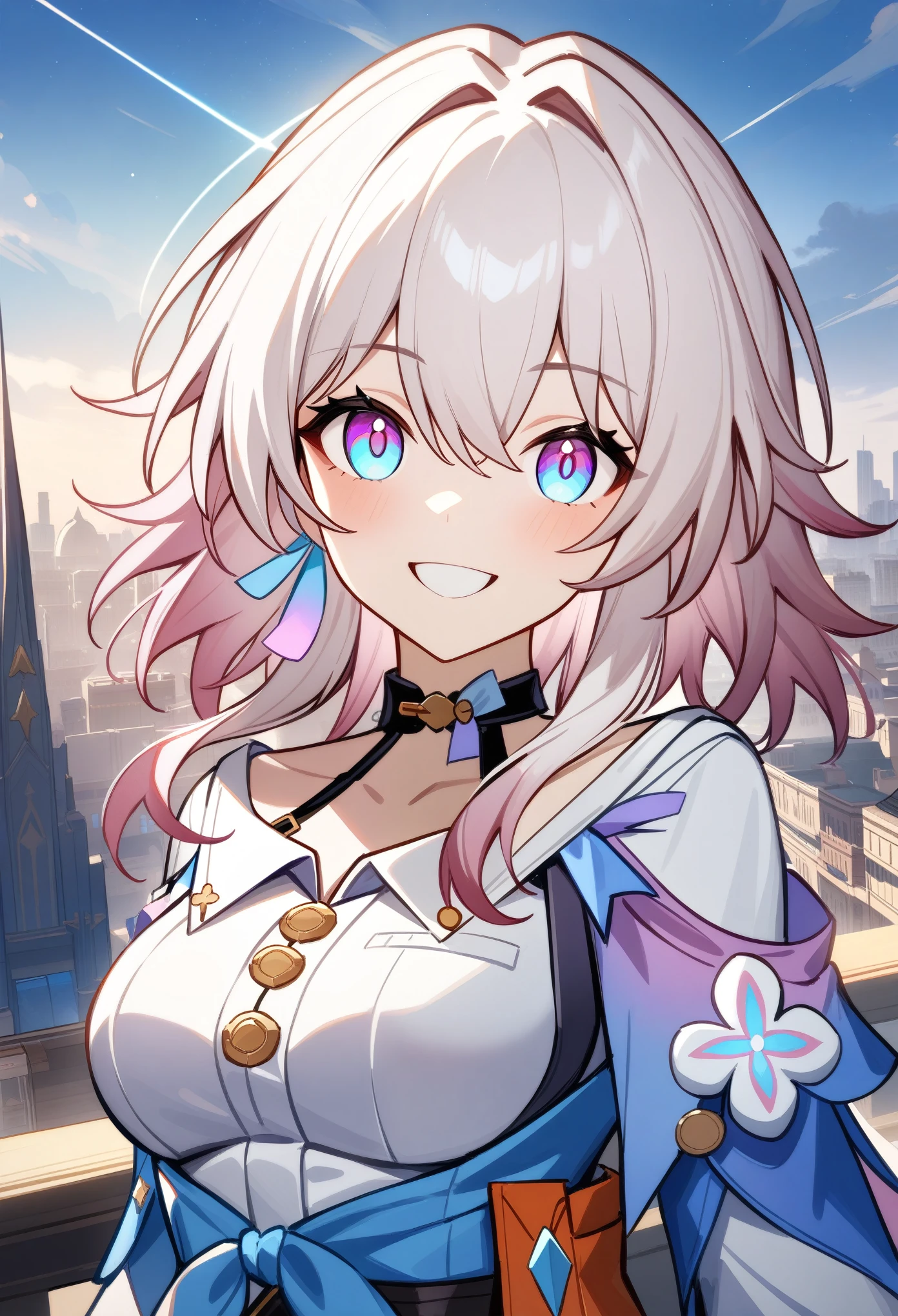 masterpiece, best quality, very aesthetic, absurdres, 1girl, march 7th\(honkai:star rail), honkai: star rail, looking at viewer, upper body, smile, city, cinematic angle
