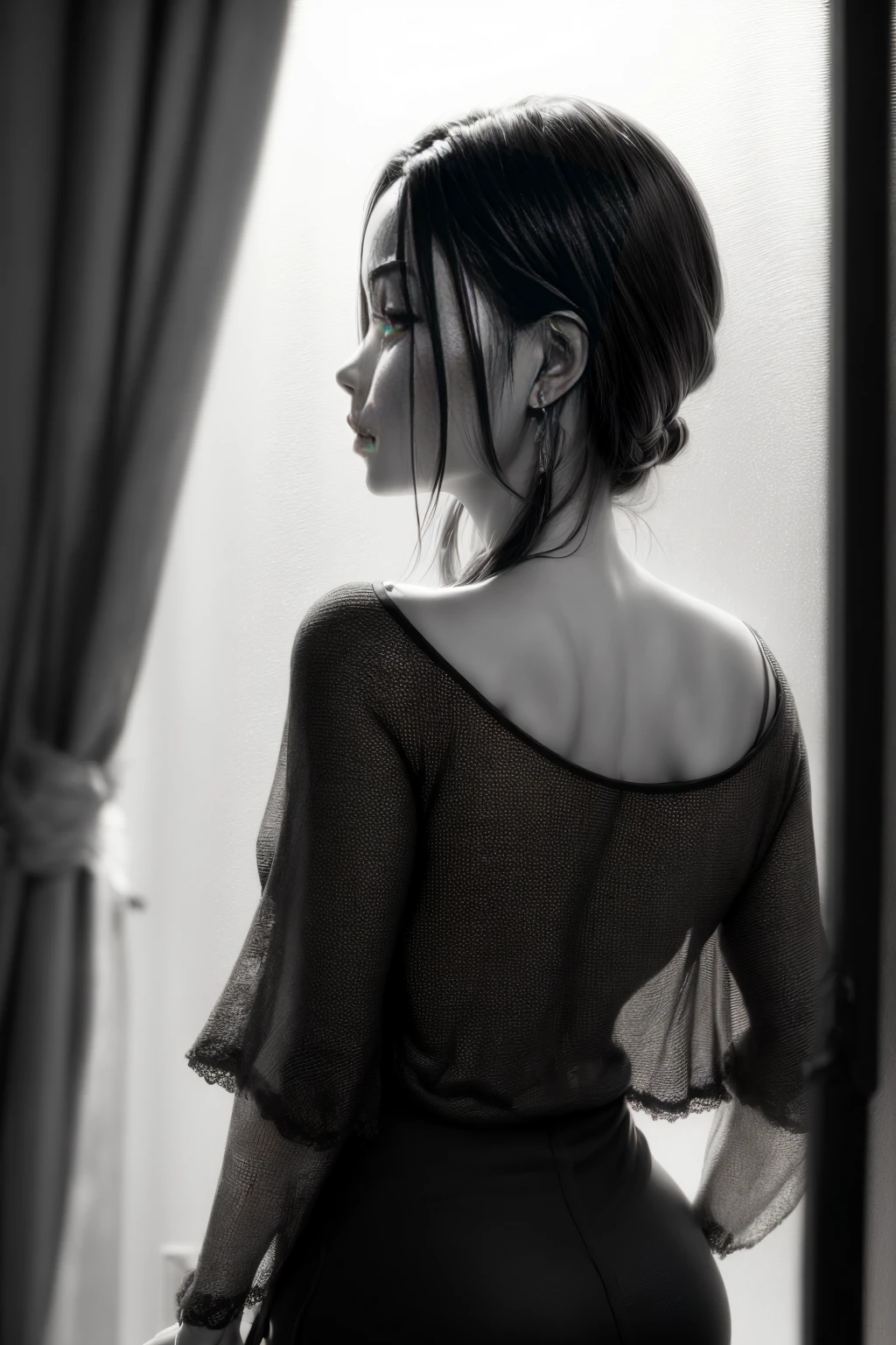 (mejor calidad, 8k, high resolution, realista: 1.2), ultra detailed view of a rainy day girl from behind with her hand resting on the glass, looking through the window,( blanco y negro:1.5), hiperrealista, HD , textura de ventana de vidrio, gotas de lluvia en la ventana, fondo borroso, calles mojadas, dim lighting, paisaje urbano.