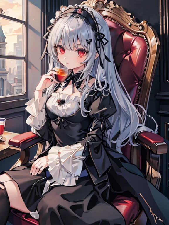 masterpiece, highest quality, Very detailed, 16k, Ultra-high resolution, Cowboy Shot, One 14-year-old girl, Detailed face, Perfect Fingers, sui1,Mercury lamp, Red eyes, Long Hair, Gothic Dress, Gray Hair, Floral Hair Ornament, Long sleeve, Gothic Headband, ribbon, Black Dress, Black wings, Western-style building, libraryai, Luxurious chair, drink tea
