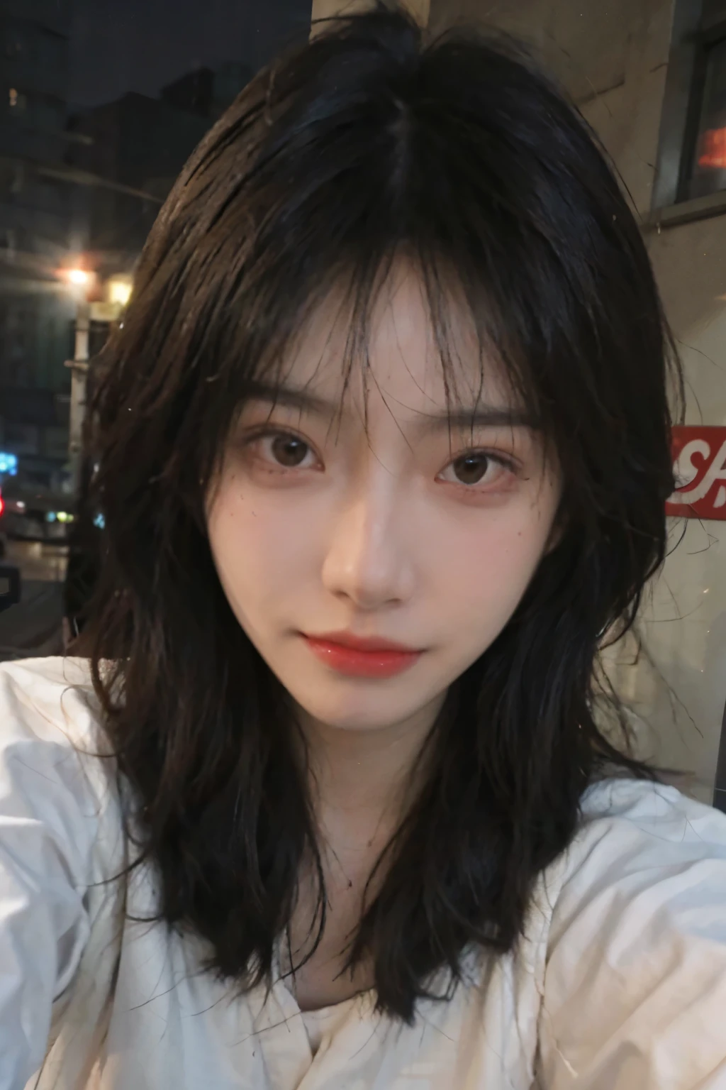 Best quality, masterpiece,..night,.city,..1girl,.(Authentic skin texture:1.3),.close-up,.face focus,.upper body,.selfie,..
