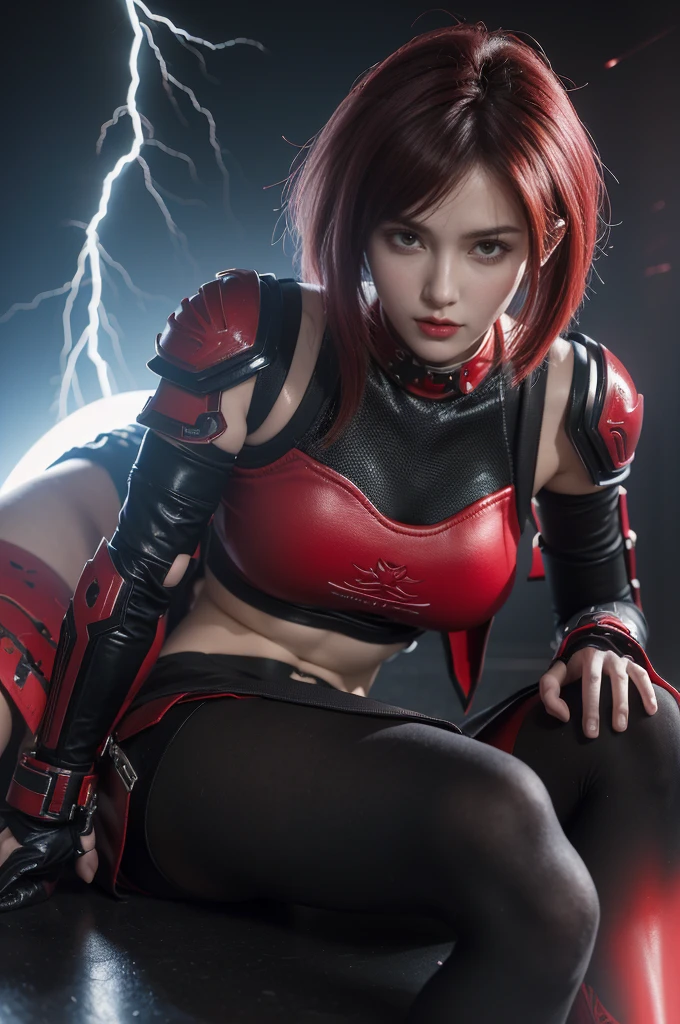 masterpiece,best quality,high resolution,8K,(Portraits:1.5),(R Original Photo),real picture,Digital Photography,(A fusion of cyberpunk and fantasy),(Female Soldiers),20 year old girl,Feel free to hairstyle,By Bangs,(Pink Eye, Accessories,Red lips,(He frowned,sneer),(Combination of cyberpunk and fantasy style clothing,hollow-carved design,Combined Armor,,red的衣服,red),Show your belly button,Photo poses,Realistic style,Thunder and lightning on rainy days,(Thunder magic),oc render reflection texture