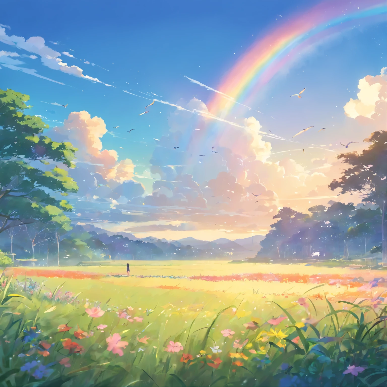 Gentle and beautiful rainbow-colored birds return to nature,With the Wind、cloud、Floral、The grass blends together,Be part of nature's never-ending cycle。