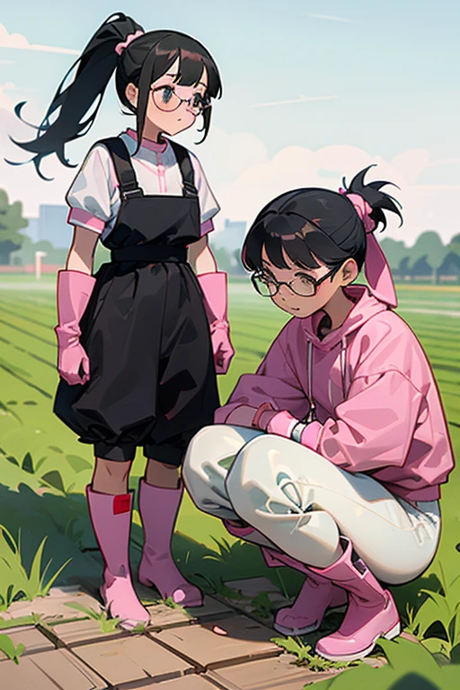 A pair of with glasses and black hair tied up in a ponytail, wearing white rubber boots and large pink rubber gloves, and gym caps on their heads, are squatting and planting seeds in a field.