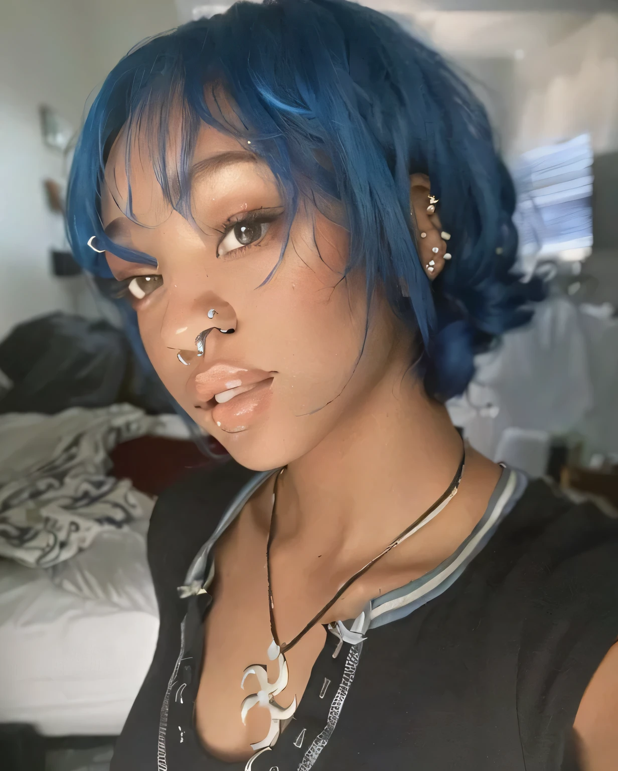 a close up of a woman with pelo azul and piercings, with pelo azul, short pelo azul, piel azul oscuro, pelo corto azul, con piel azul, short pelo azul!!!, short pelo azuled woman, pretty girl with pelo azul, ojos azules penetrantes, flowing pelo azul, messy pelo azul, pelo azul, pelo azulstyle, tiflin azul, dark pelo azul