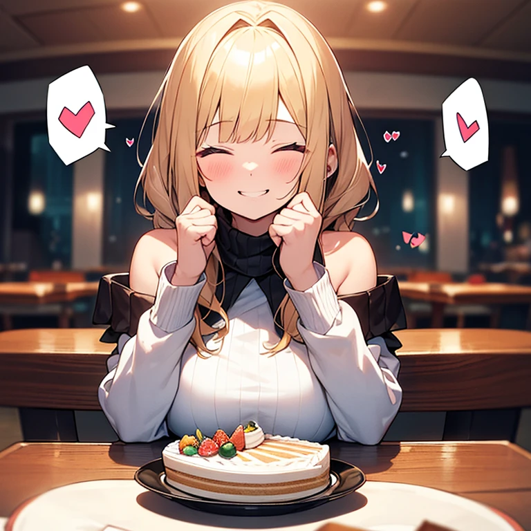Masterpiece, Top quality, 1 beautiful girl, sitting, (1 piece of cake:1.2) , (looking at cake on table:1.5), blond, wave Hair, medium hair, diagonal bangs, , big breasts, standard weight, Off-the-shoulder sweater, (delighted :1.5) , surprised:1.2, (spoken heart :1.5), closed eyes, open big mouth, beautiful scene of cafe, blurry background, magnificent panorama view, from front, hands up, upper body