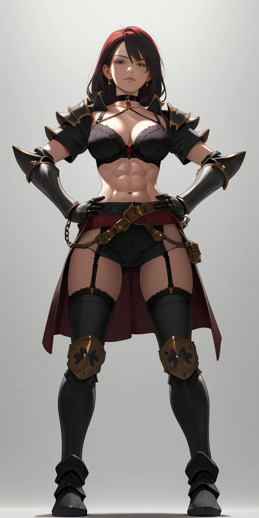 (Plain background) Female full body standing straight symmetrical looking to the viewer RED full body armored (handcuffs, shackles, rerebrace, faulds, poleyn, gauntlets, leather collar choker, gloves, gauntlets, high boots bootstraps, black stockings) 2 crossing big belt under belly button, navel, abs, garter straps belts attaching bra big knockers ((hands on hips)) view from below, wide hips