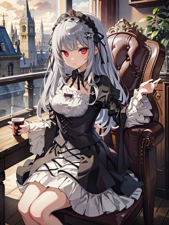 masterpiece, highest quality, Very detailed, 16k, Ultra-high resolution, Cowboy Shot, One 14-year-old girl, Detailed face, Perfect Fingers, sui1,Mercury lamp, Red eyes, Long Hair, Gothic Dress, Gray Hair, Floral Hair Ornament, Long sleeve, Gothic Headband, ribbon, Black Dress, Black wings, Western-style building, libraryai, Luxurious chair, drink tea