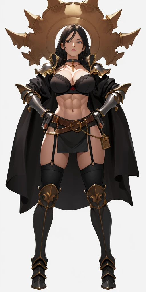 (Plain background) Female full body standing straight symmetrical looking to the viewer RED full body armored (handcuffs, shackles, rerebrace, faulds, poleyn, gauntlets, leather collar choker, gloves, gauntlets, high boots bootstraps, black stockings) 2 crossing big belt under belly button, navel, abs, garter straps belts attaching bra big knockers ((hands on hips)) view from below, wide hips