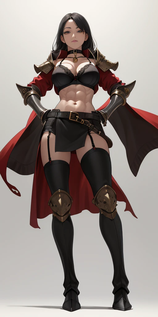 (Plain background) Female full body standing straight symmetrical looking to the viewer RED full body armored (handcuffs, shackles, rerebrace, faulds, poleyn, gauntlets, leather collar choker, gloves, gauntlets, high boots bootstraps, black stockings) 2 crossing big belt under belly button, navel, abs, garter straps belts attaching bra big knockers ((hands on hips)) view from below, wide hips
