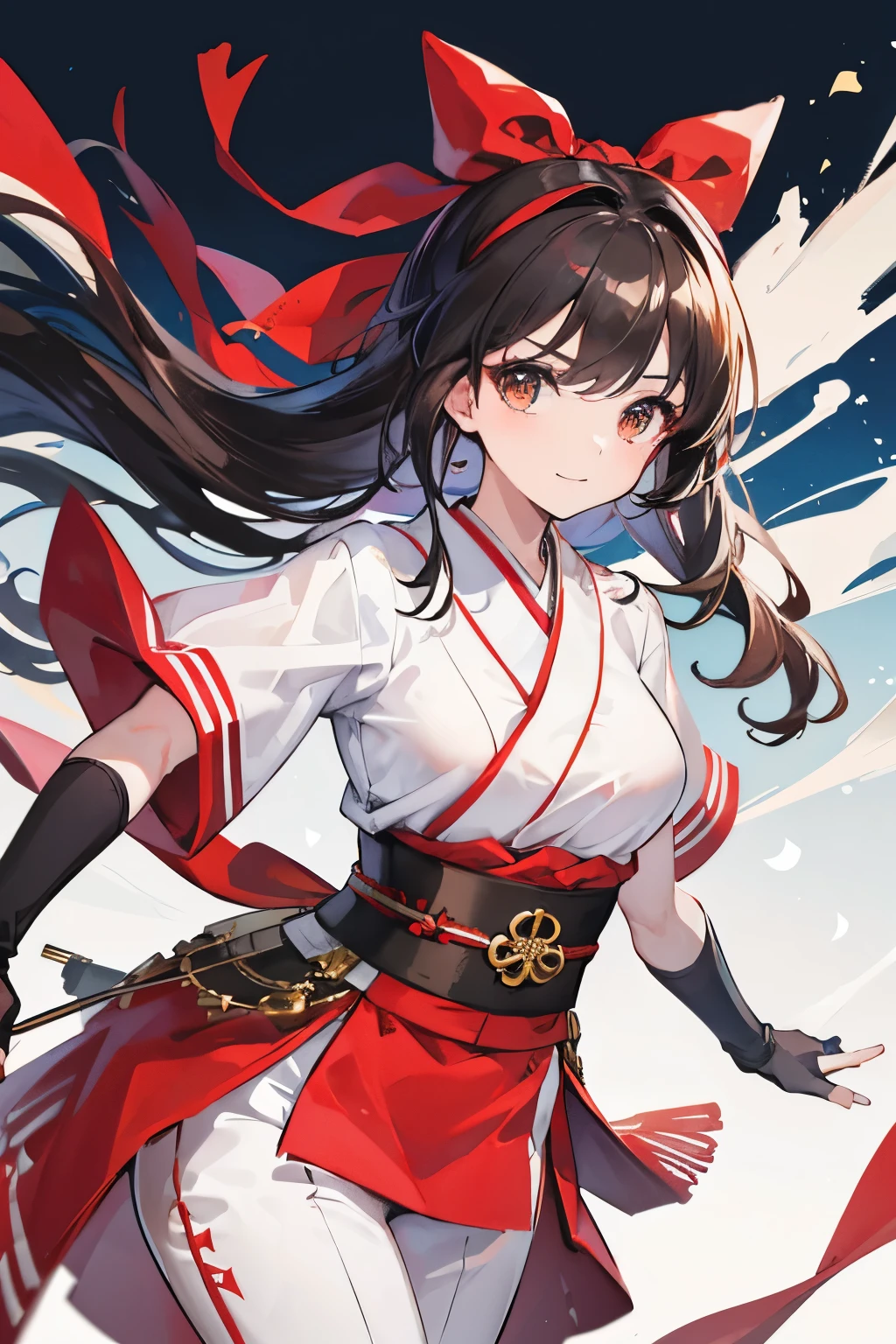 (   Very Detailed CG Octane Rendering 8K Wallpaper with Long Spears ),   World's Most Beautiful Artwork  ,  A flag with a coat of arms attached to a long spear,  complicated,   high detail,  long red hakama , Lace embroidery,   Japanese Kimono, cotton cloth,  Strong winds,  gray tights ,   best quality, Disarray of clothing,   thighs,、 with a flag attached to a long spear 、、Ramparts、Bloomers
