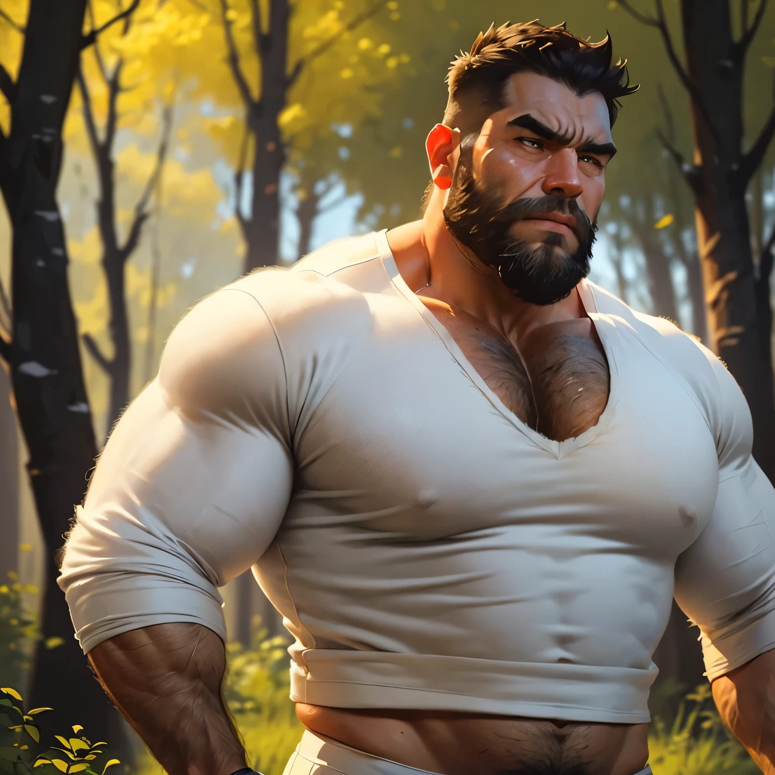 an exaggeratedly muscular and large bodyguard, grizzly old man with short greying black hair, beard, tan skin, (scars on face: 1.1), (stern expression: 1.1), (wearing white crewneck shirt: 1.2), (visible midriff: 1.1), (bara pecs: 1.3), (hairy chest and arms: 1.2), portrait HD, clearing in the woods