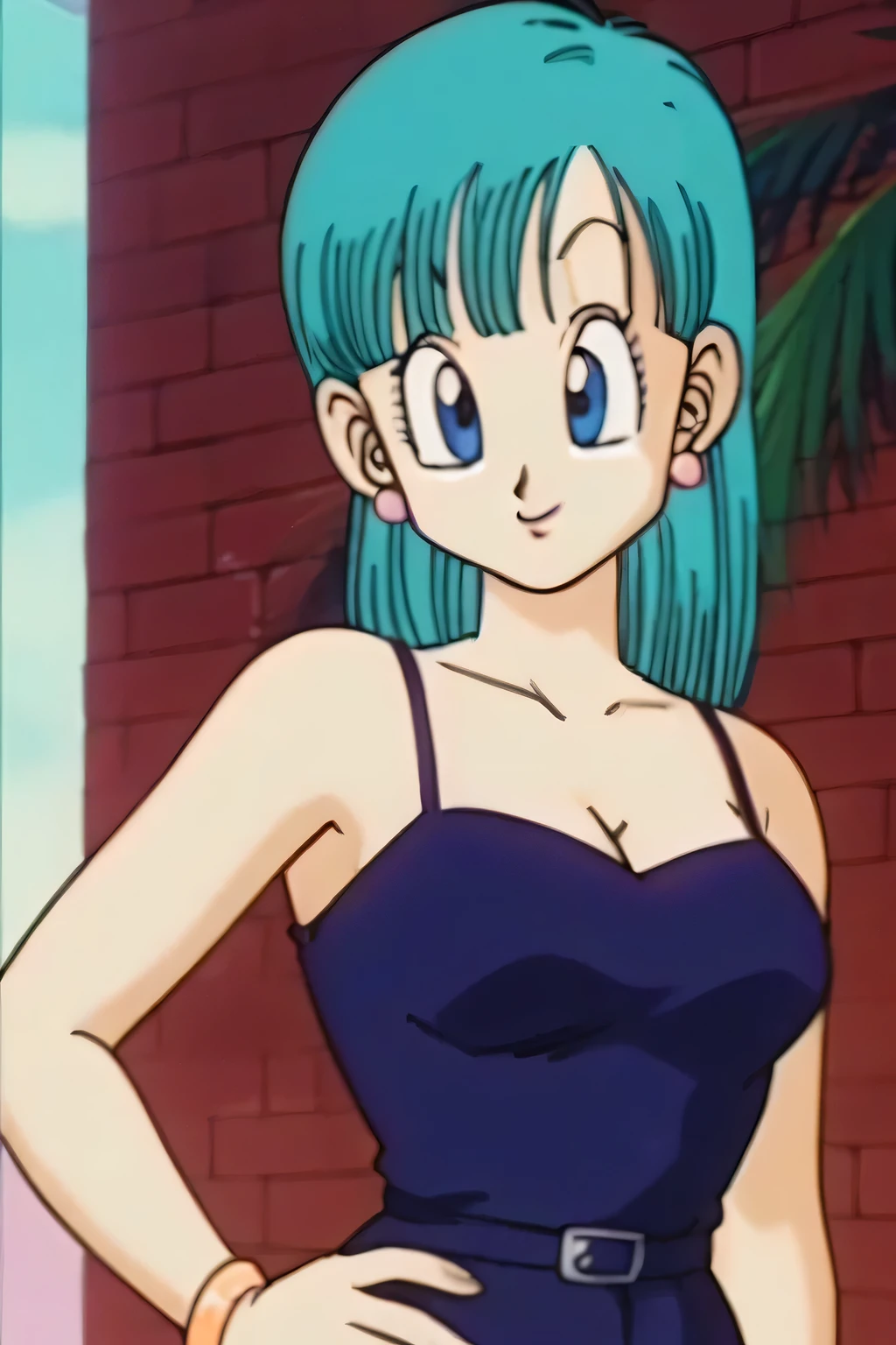 source_anime, score_9, score_8_up, score_7_up, anime screencap, 
bulma \(dragonball\), aged_up, brick wall, blue skies, 1girl, solo, medium hair, blue eyes, jewelry, earrings, outdoors, sleeveless, tree, aqua hair, retro artstyle, 1990s \(style\), taut dress, spaghetti strap, black dress, sleeveless, left hand on hip, right arm down, looking at the viewer, medium breasts, upper body, smile, standing, 
 