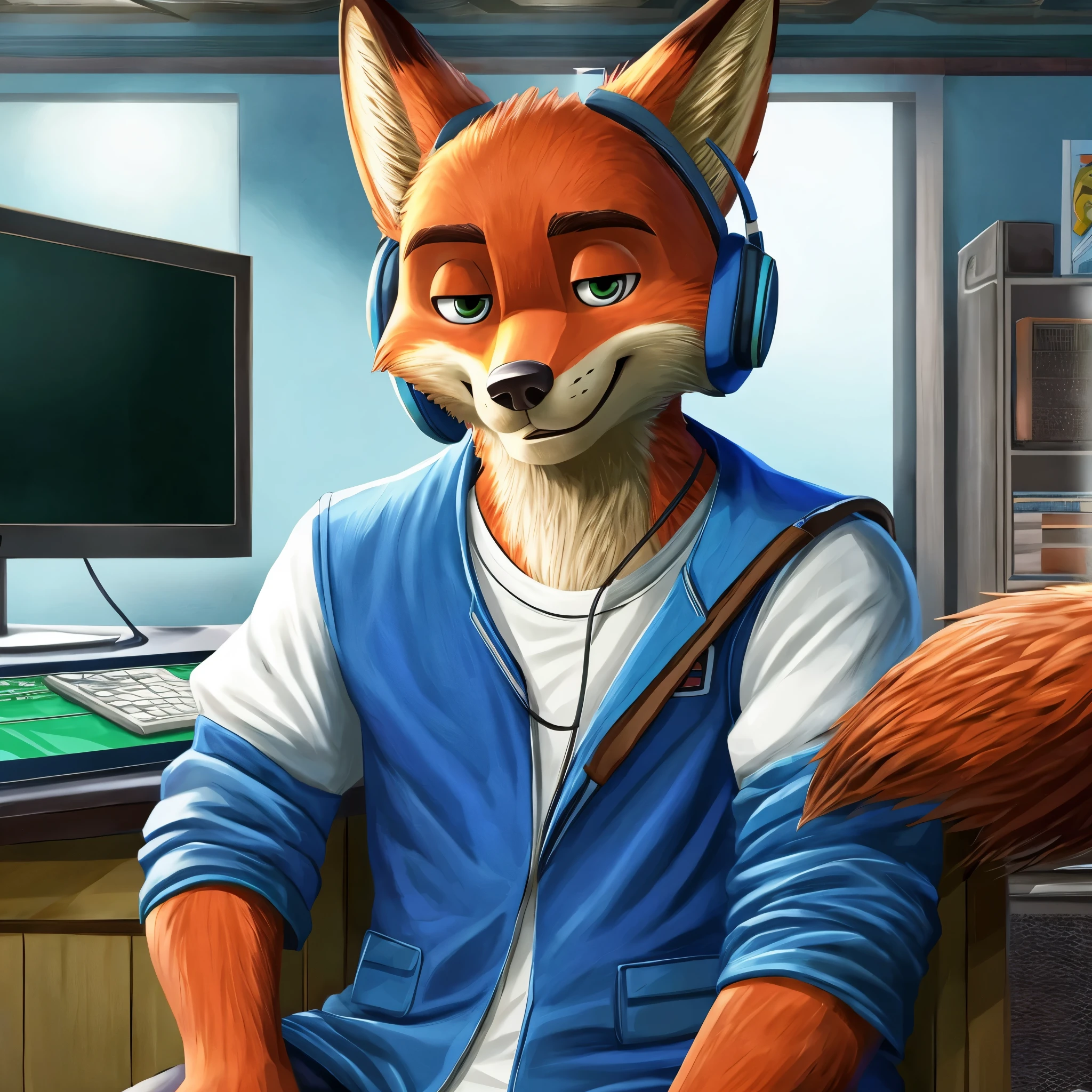 Nick Wilde alone looking at viewer expression of happy young adult 28 years old sitting near PC playing a game of King of Fighters 2003 wearing a white uniform with a blue jacket wearing headphones and realistic room background 