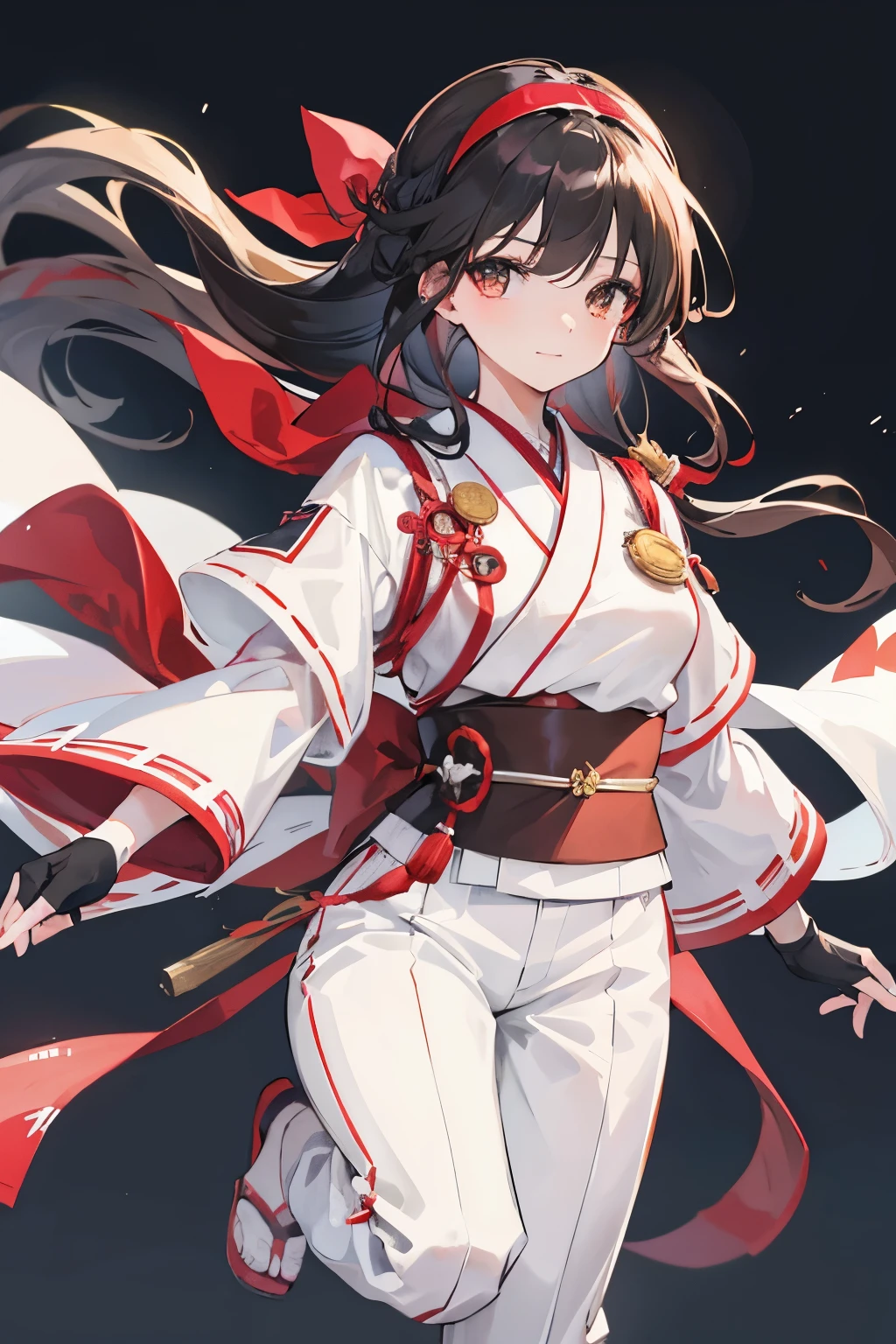 masterpiece, best quality,1girl, solo, nakorurums, red bow, bow, long hair, hair bow, ainu clothes, solo, hairband, black hair, fingerless gloves, short sleeves, gloves, sash, bangs, red hairband, breasts, brown eyes, white pants, japanese clothes, masterpiece, light smile, (illustration: 1.5), running toward viewer
