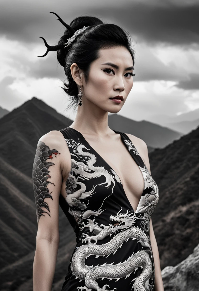 A beautiful Chinese woman with a dragon tattoo on her arm and a dragon behind her head. She is wearing a dress with a deep V-neck and has a serious expression on her face.. The background shows mountains and clouds.la imagen es blanco y negro solo los ojos son de color rojo.