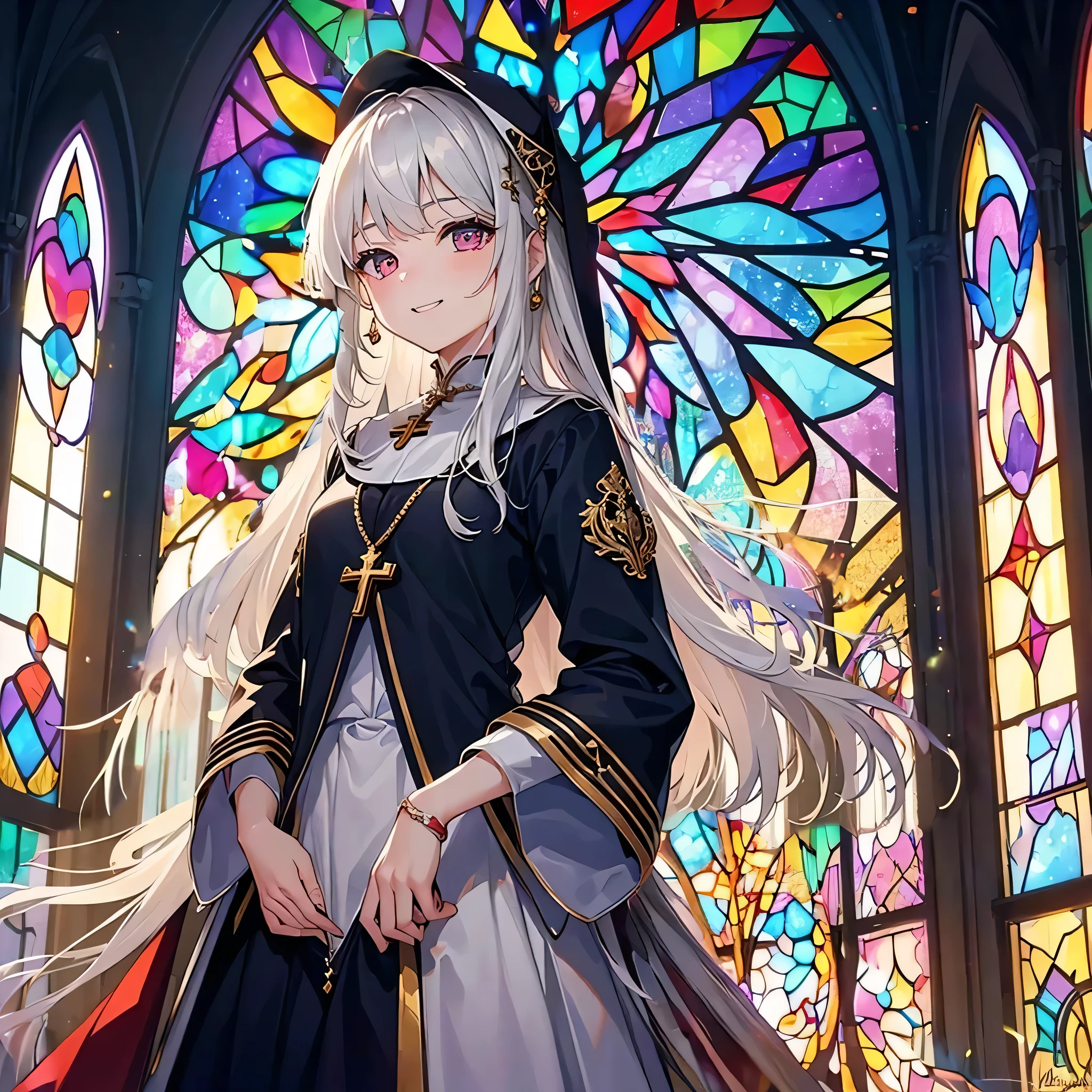 Adjust the color of the stained glass background to match the overall color、Re-adjusted the girl's hair to give it a more natural look.