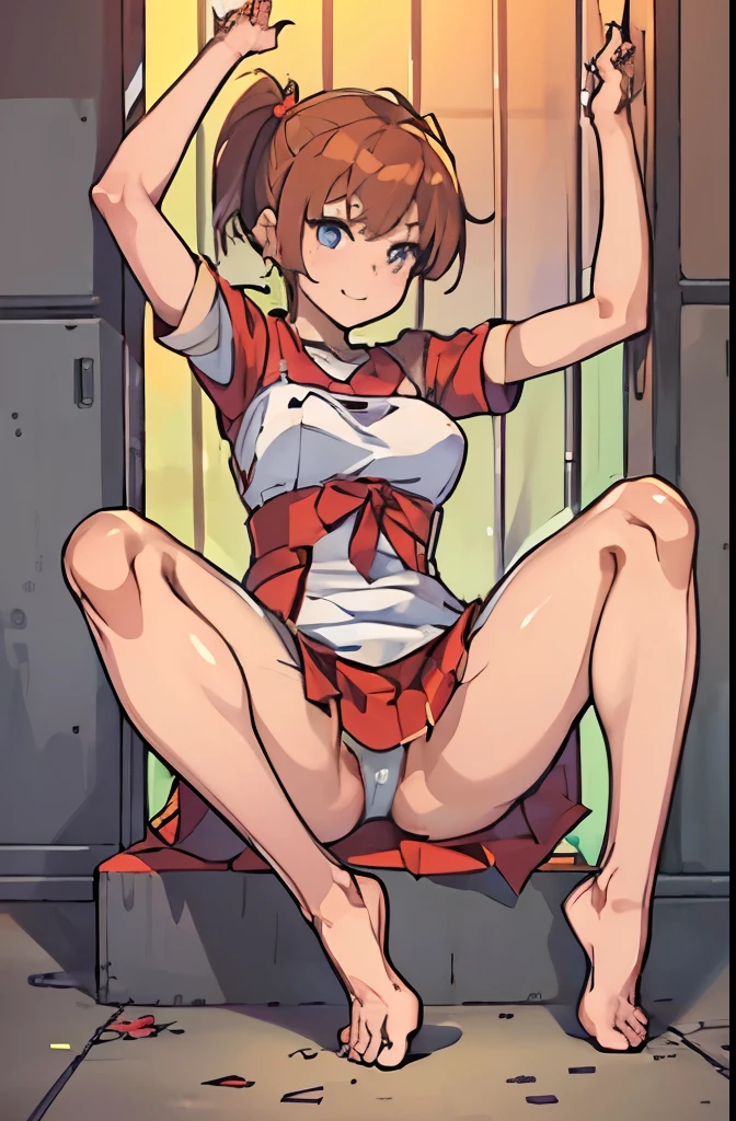 A Female mechabare robot exposes her inside mechanic organ, spread legs, nude, banzai pose. she wears no dress. Her Brown short hair is tied with two big red clothespins, She lifts up the under hem of her white plain dress, leaning over, masterpiece, very short pigtails,brown hair, mature, android, blue eyes, full body figure, Height: 160cm, flushed cheeks, 2020s anime picture, A beautiful robot with short brown hair in two short pigtails held up by two very large huge red clothespins, Uplifting, No NSFW, whole body, barefoot, archaic smile, getting orgasm, 25 years old, sweat bucket. short sleeve shirt, pleated skirt, skirt lift, no panties, genitals visible, full body shot, sexy face. between mirrors, floating hair, looking away. She wears hot pants. She has broken hardly by enemy.