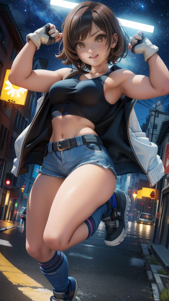 street dancer,  short hair, brown hair, yellow glowing eyes, perfect lips,big smile , confident smile,cute expression, cute face,victory pose, dinamic pose, fingerless gloves, gun, tank top, jacket, cute pose, ultra detailed face, long eyelashes, sharp eyes , Fullbody shot, dinamic viewer, night sky , dinamic point of view, 
