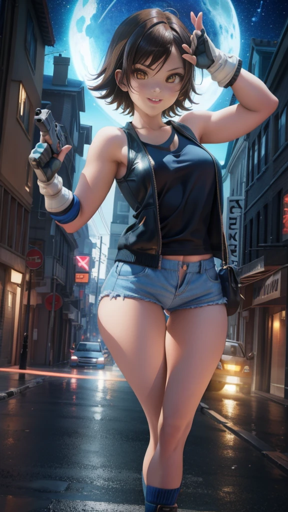 street dancer, short hair, brown hair, yellow glowing eyes, perfect lips,big smile , confident smile,cute expression, cute face,victory pose, dinamic pose, fingerless gloves, gun, tank top, jacket, cute pose, ultra detailed face, long eyelashes, sharp eyes , Fullbody shot, dinamic viewer, night sky , dinamic point of view,