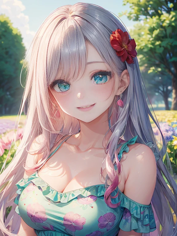 小さなgirl、The arrival of spring、Big Ass、 (alone:1.5,)Very detailed,Bright colors, Very beautiful detailed anime faces and eyes, Look straight ahead, Shiny_skin,girl, ((Silver long hair,The inner color is red、The hair tips are curled)) 、Forehead is exposed.、Green Eyes、、Shiny hair, Delicate beautiful face, blush、(Turquoise Eyes), White skin, Valletta, Earrings,、blue flower field、(((Pink ruffled dress with floral print、Purple mile、smile、Face dyed red